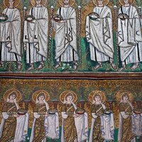 Els Màrtirs i les Verges fan seguici, amb palmes, a l’Anyell immaculat, i els Confessors amb el mateix desfici contemplen sense vels la Veritat.
